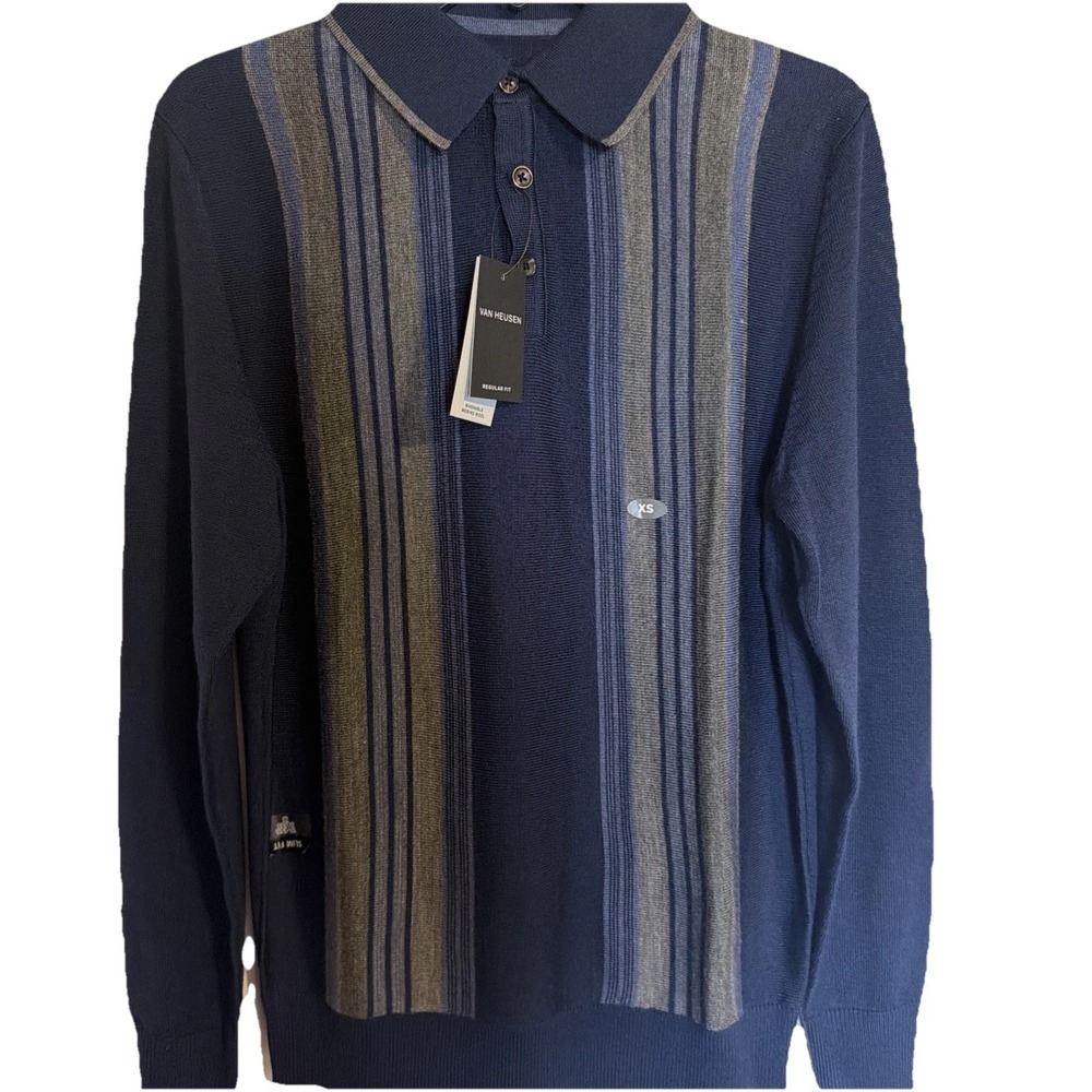 Van Heusen Mens XS Merino Wool Sweater Polo Slim Fit Blue/Gray Striped